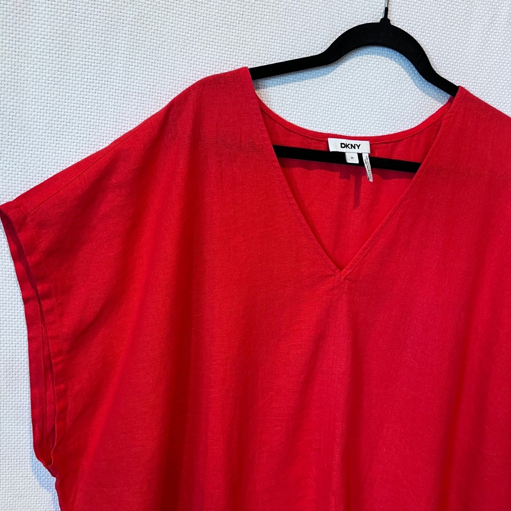 DKNY Womens Red Linen Blend V-Neck Oversized Blouse Top Plus Size 3X - Picture 5 of 7